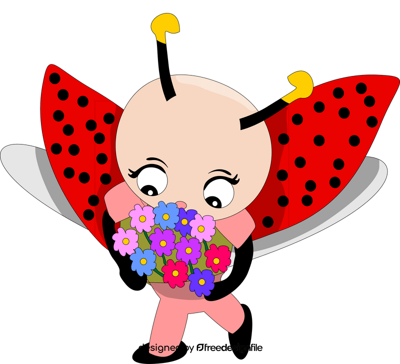 Free ladybug holding a bunch of flowers clipart