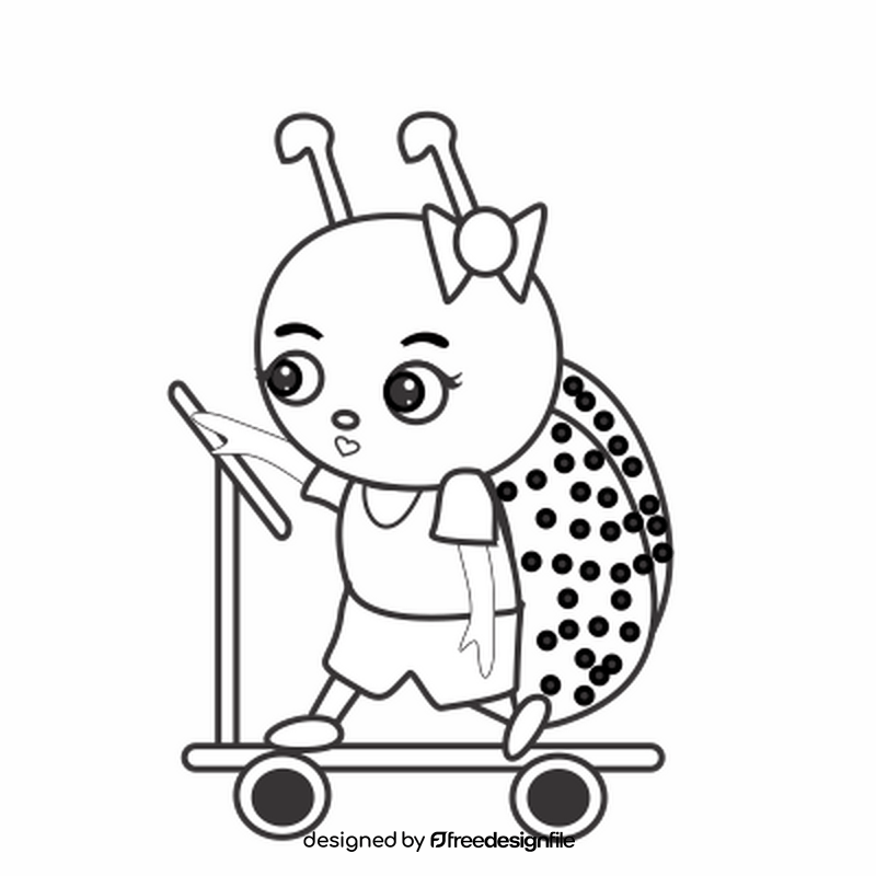 Ladybug in a scooter black and white clipart