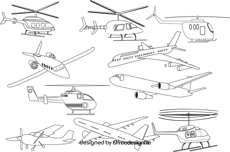 Airplanes, planes, helicopters black and white vector