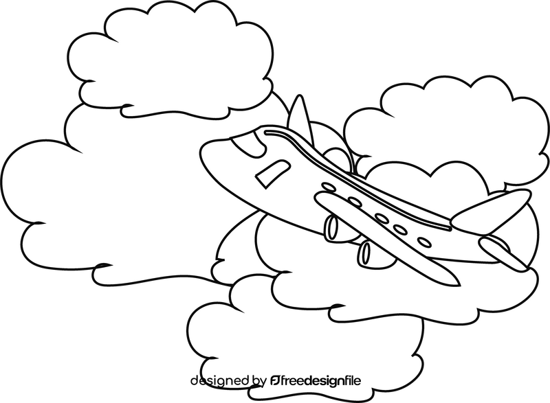 Plane in the clouds black and white clipart