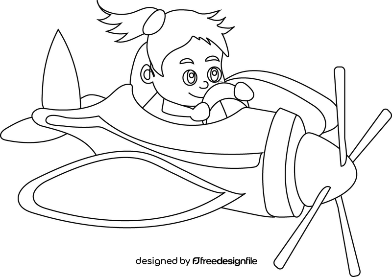 Airplane with girl pilot black and white clipart