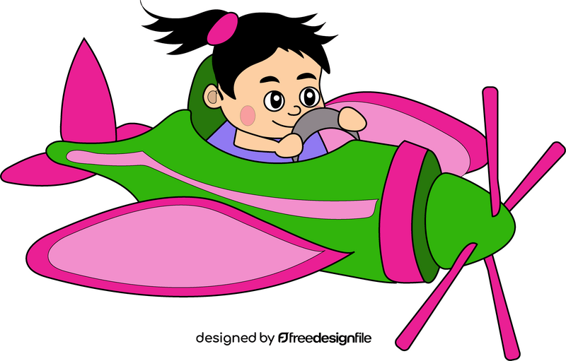 Green and pink airplane with girl pilot clipart