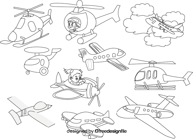 Cartoon planes, helicopters black and white vector