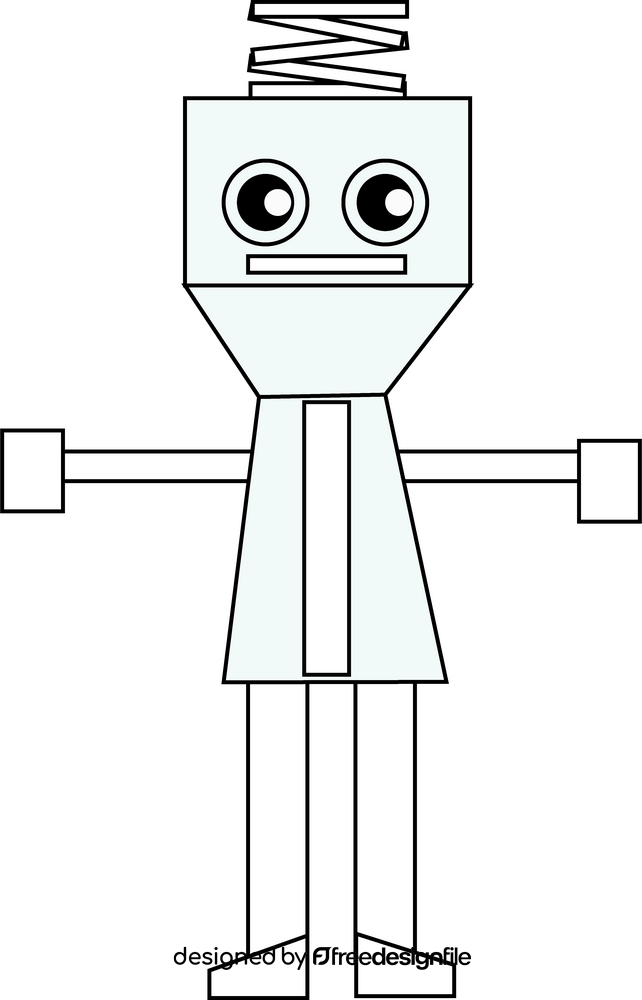 Robot with a coil spring on the head black and white clipart