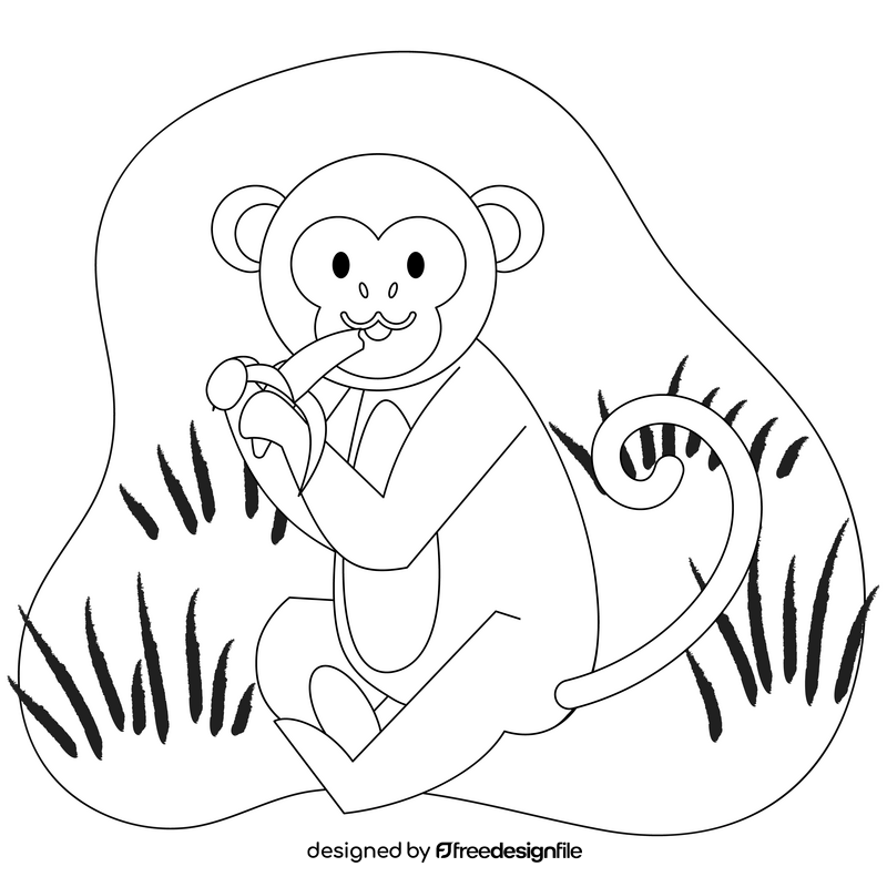 Monkey eating banana drawing black and white clipart