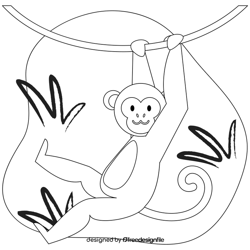 Monkey swinging on vine drawing black and white clipart