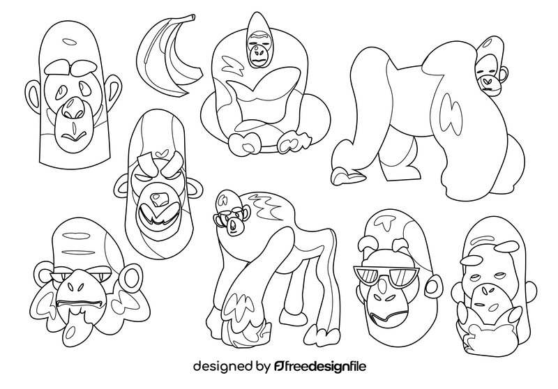 Gorilla cartoon set black and white vector