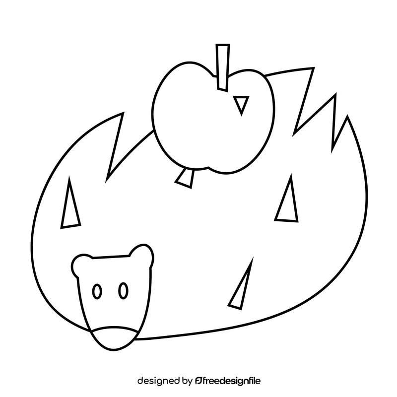Hedgehog with apple black and white clipart