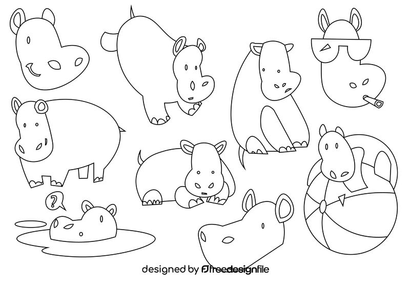 Hippo cartoon set black and white vector