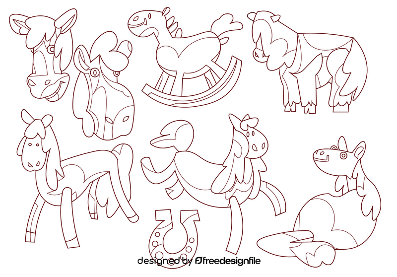 Horse cartoon set black and white vector