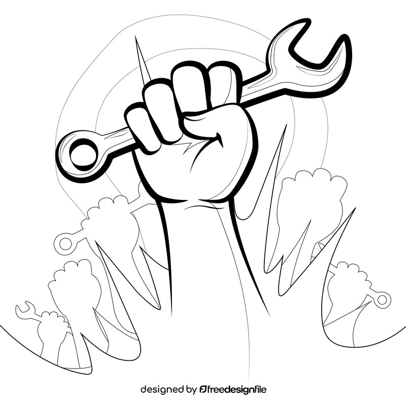 Hand holding wrench black and white vector