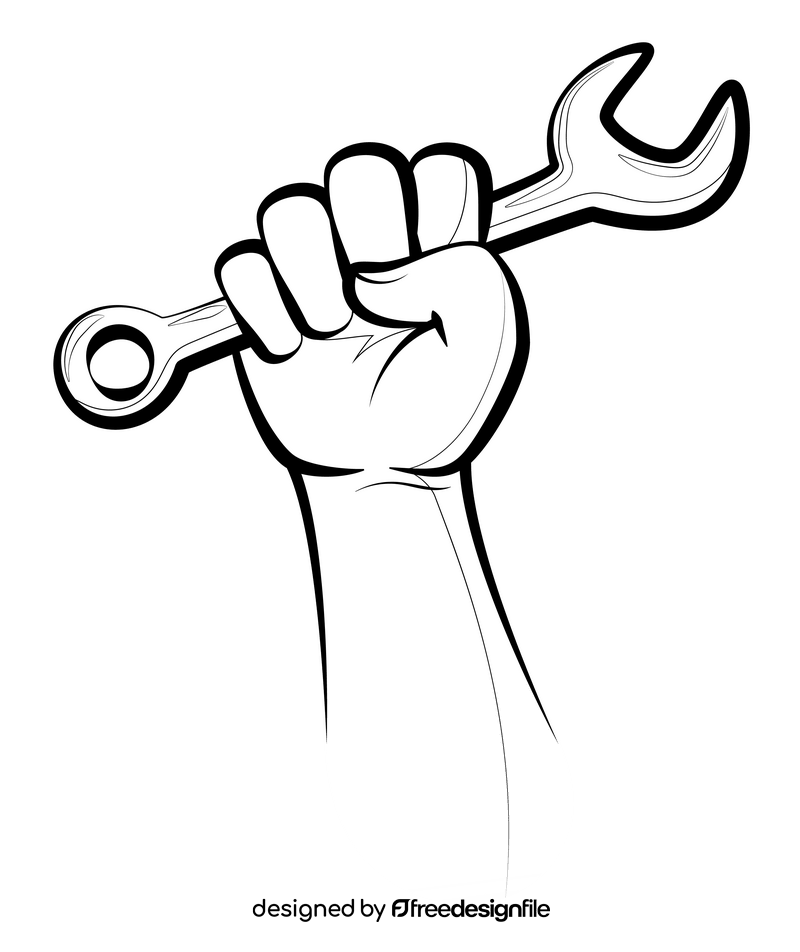Hand holding wrench drawing black and white clipart