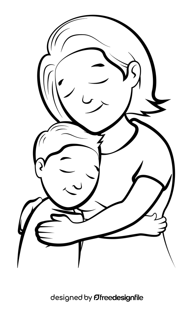 Hugging mummy on mothers day drawing black and white clipart