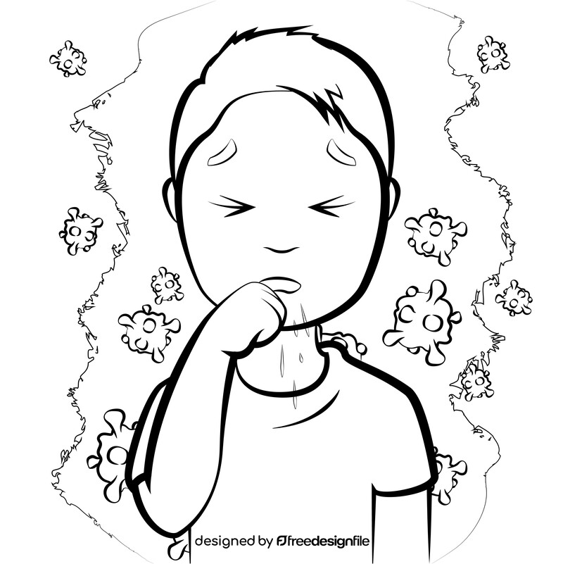 Cough, coughing cartoon boy black and white vector