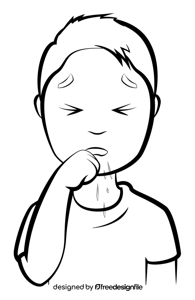 Cough, coughing cartoon boy drawing black and white clipart