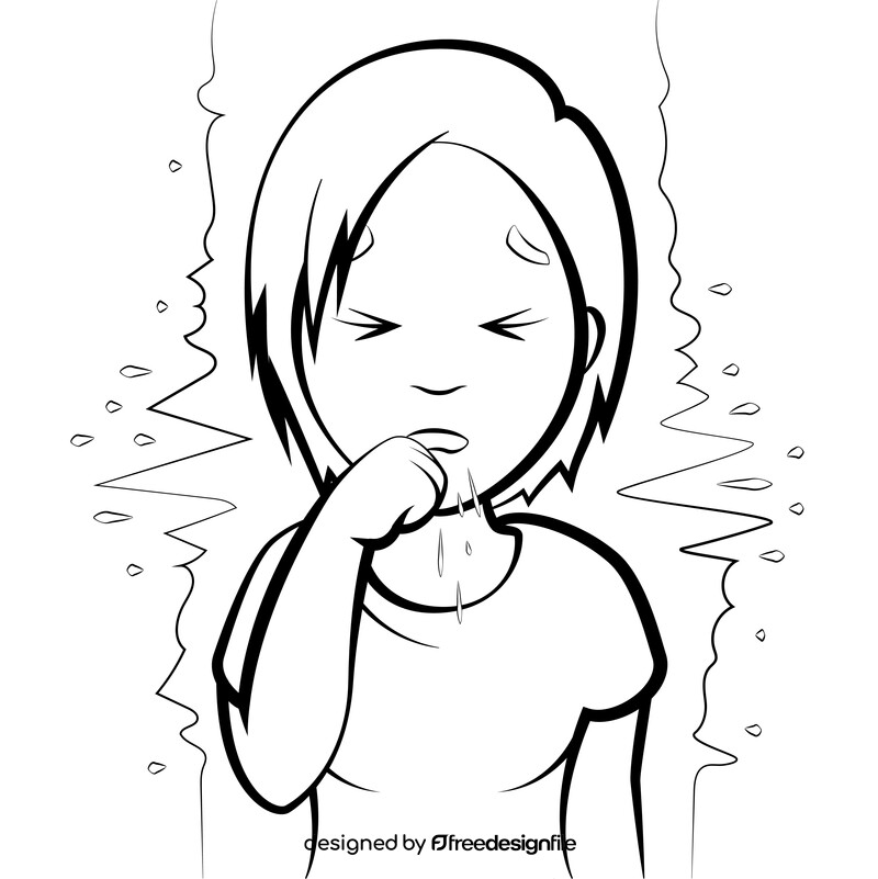 Cough, coughing cartoon girl black and white vector