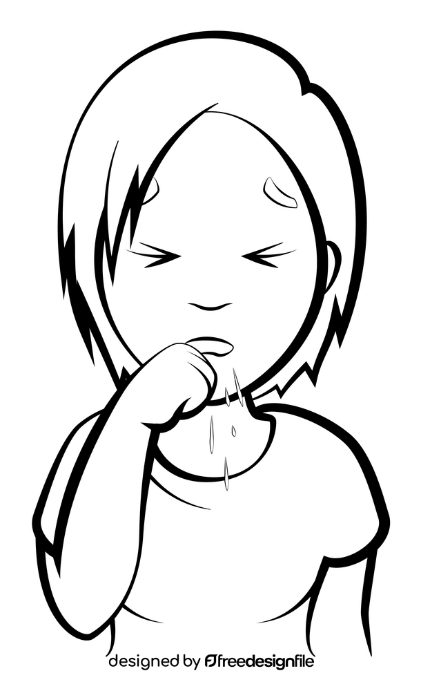 Cough, coughing cartoon girl drawing black and white clipart