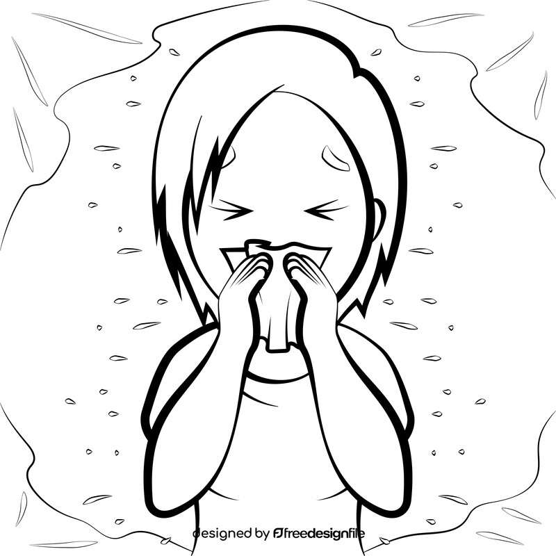 Cartoon girl coughing and sneezing into tissue black and white vector