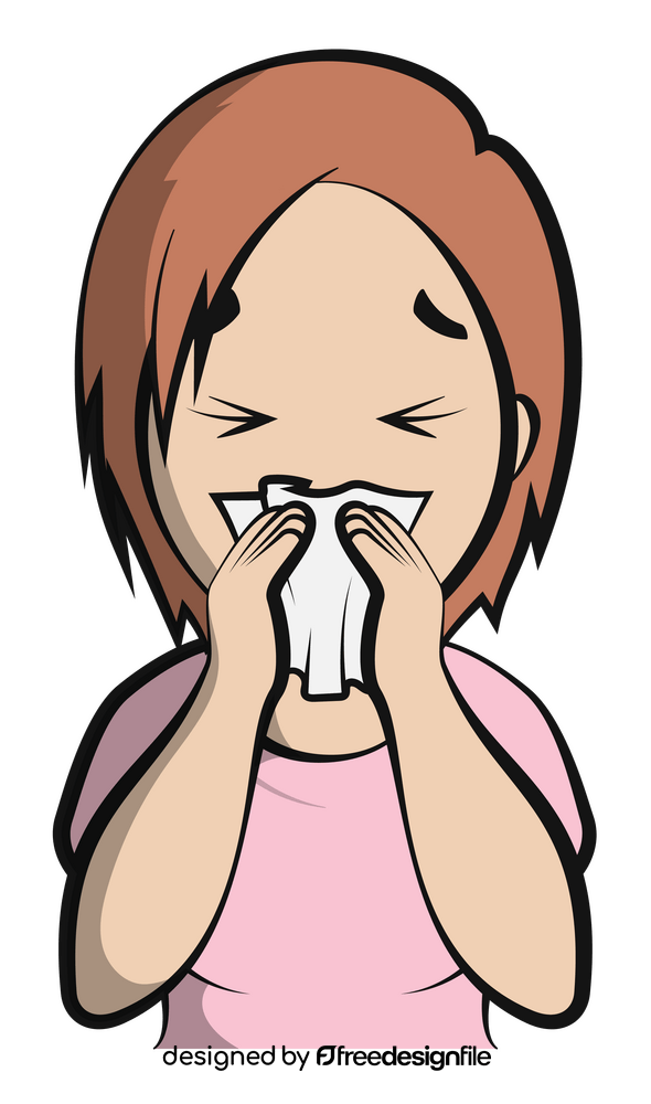 Cartoon girl coughing and sneezing into tissue clipart