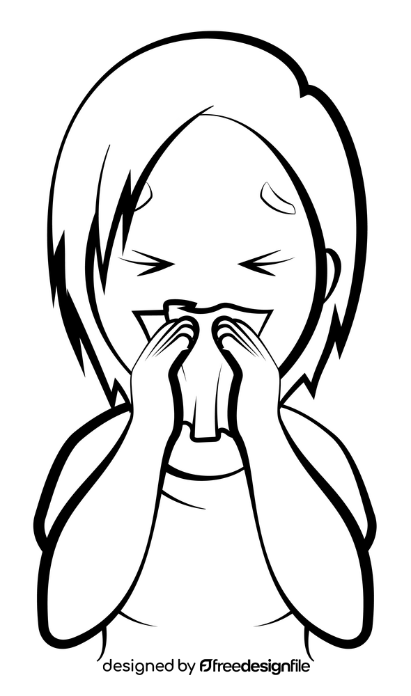 Cartoon girl coughing and sneezing into tissue drawing black and white clipart