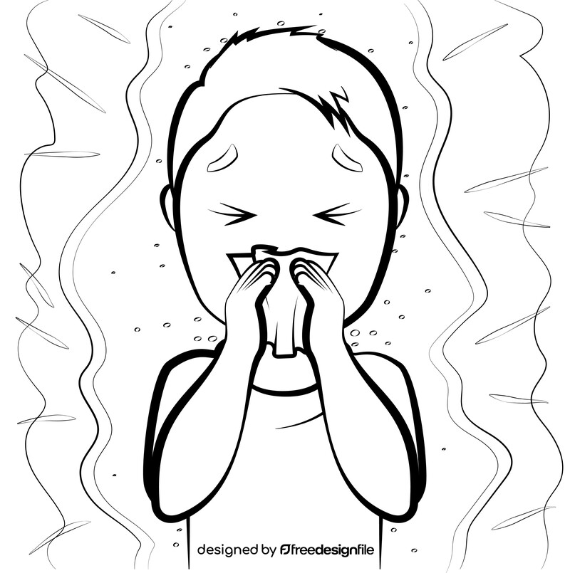 Cartoon boy coughing and sneezing black and white vector
