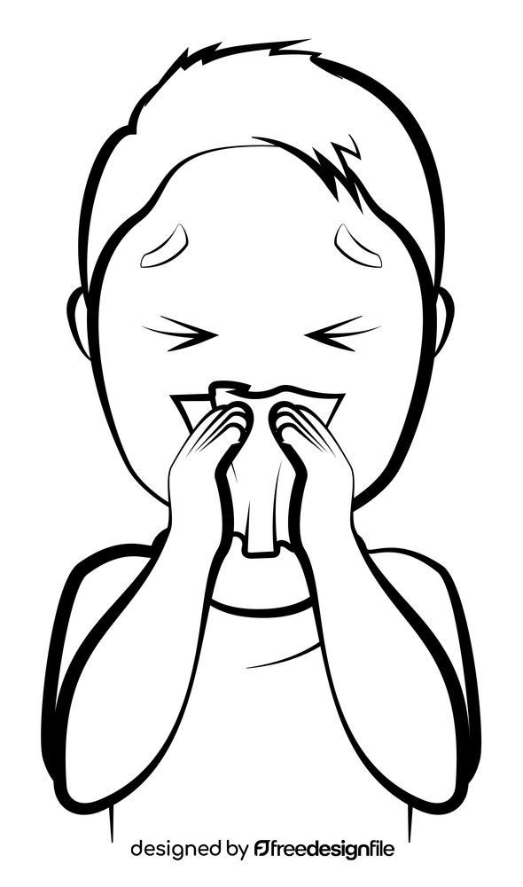 Cartoon boy coughing and sneezing drawing black and white clipart