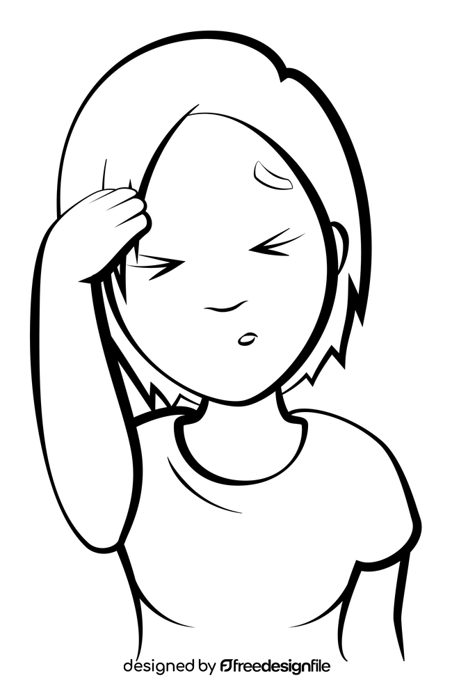 Headache cartoon girl drawing black and white clipart