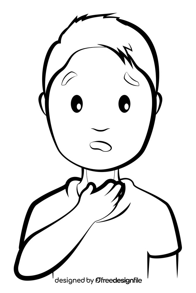 Sore throat cartoon boy drawing black and white clipart