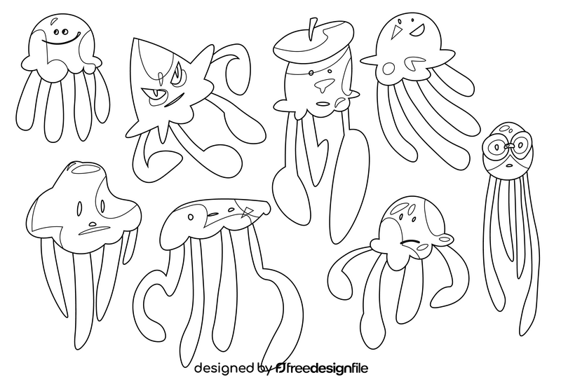Jellyfish cartoon set black and white vector