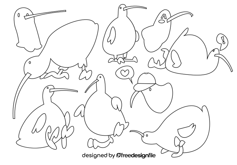 Kiwi bird cartoon set black and white vector