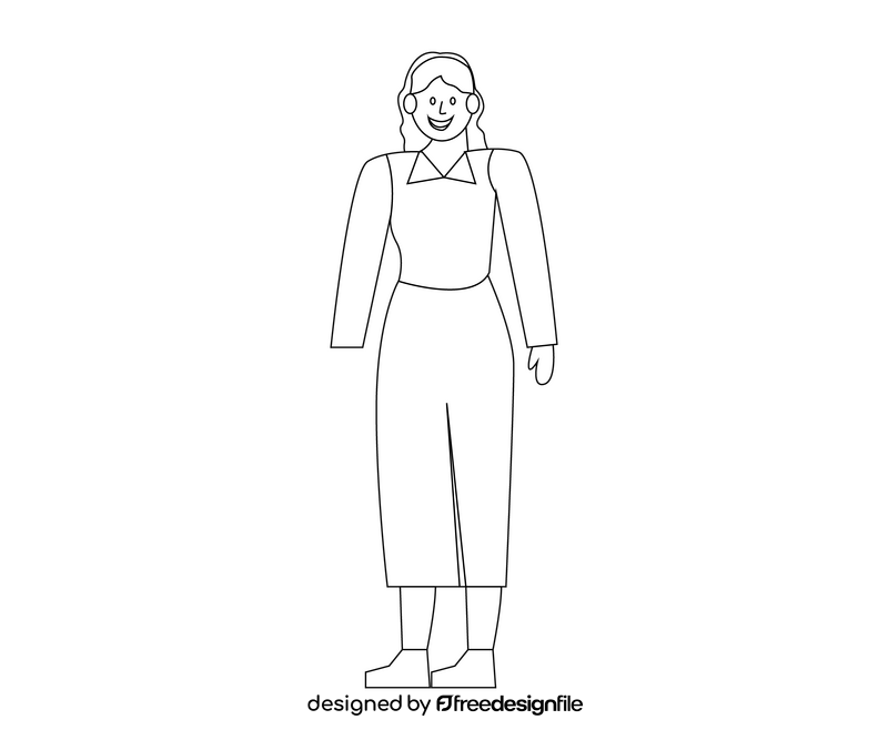 Female employee in long dress, cartoon businesswoman black and white clipart