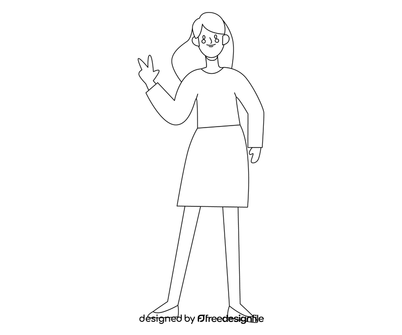 Girl waving in a sweater illustration black and white clipart