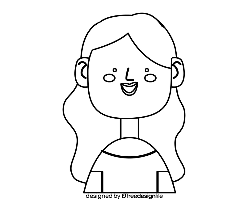 Dark skinned cartoon girl smiling black and white clipart