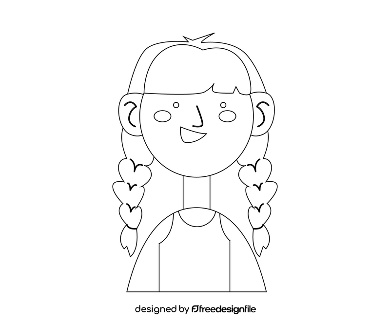 Young girl with pigtails portrait drawing black and white clipart