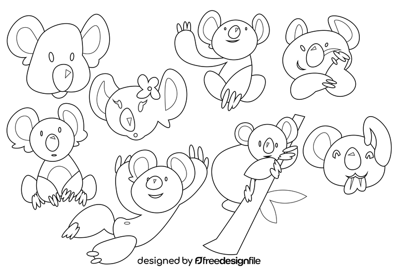 Koala cartoon set black and white vector