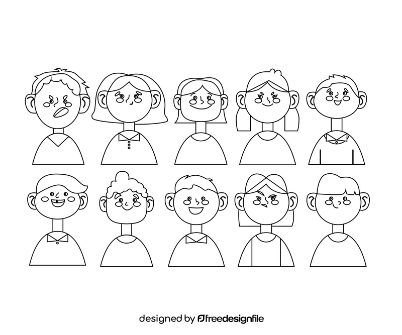 Young children, kids avatars, boys and girls portraits black and white vector