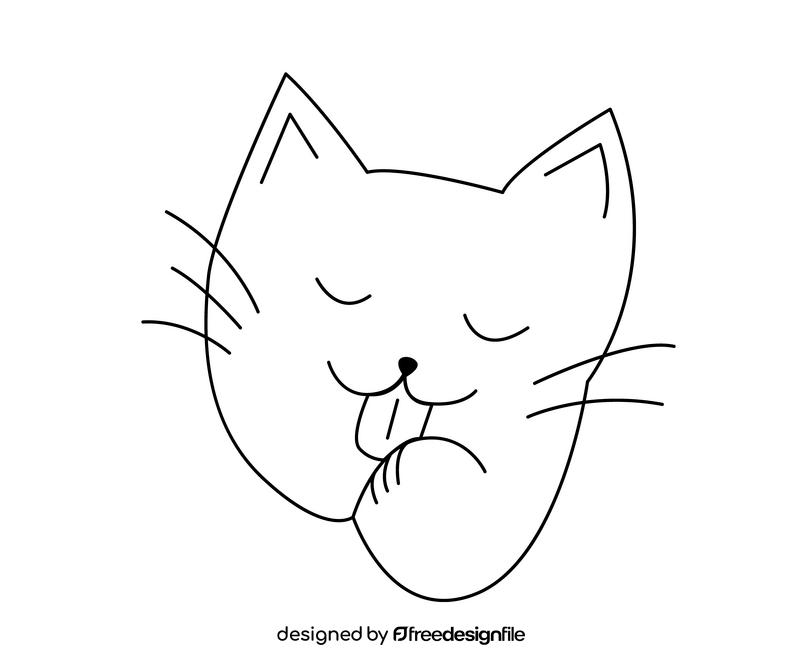 Cat washing face drawing black and white clipart