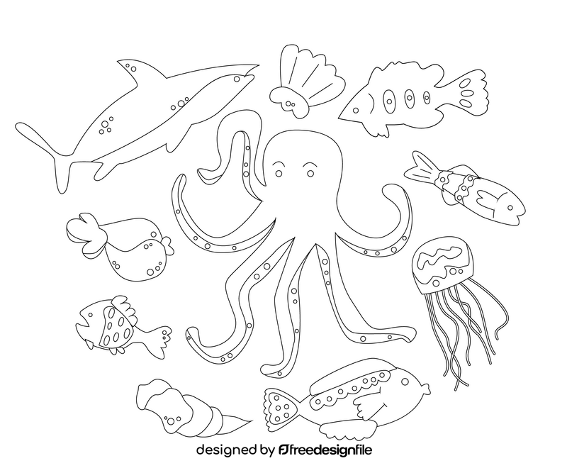 Cartoon sealife, fishes black and white vector