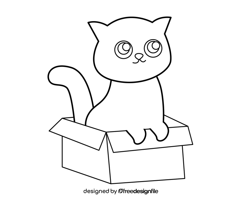 Dark cat in a box illustration black and white clipart