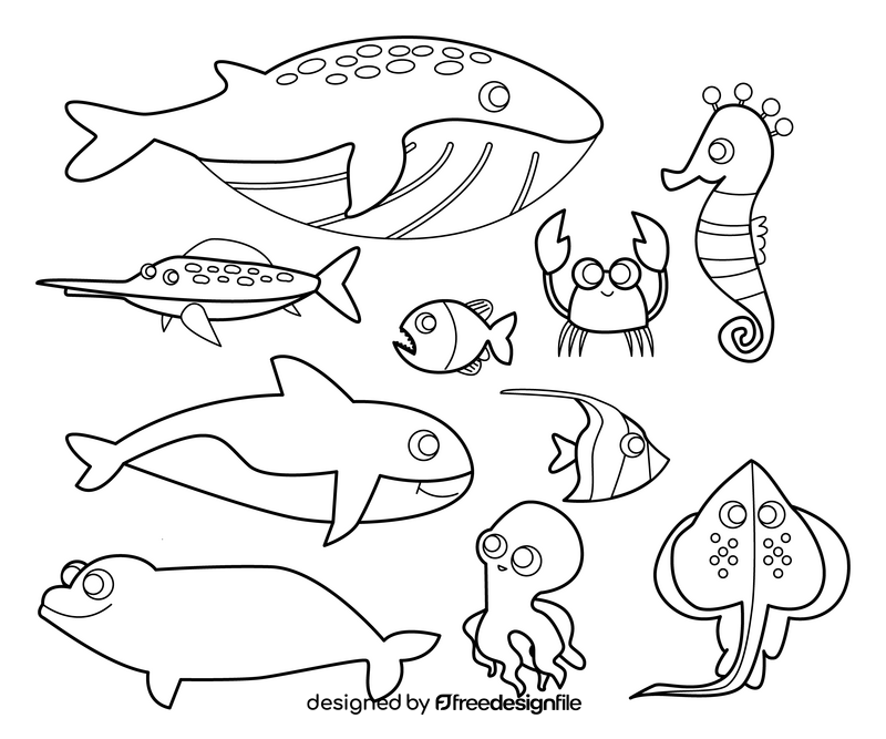 Set of sea animals, marine life black and white vector