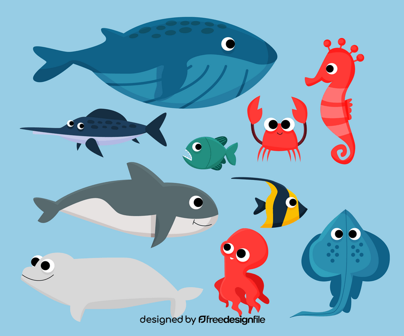 Set of sea animals, marine life vector