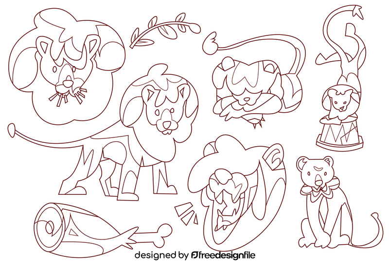 Lion cartoon set black and white vector