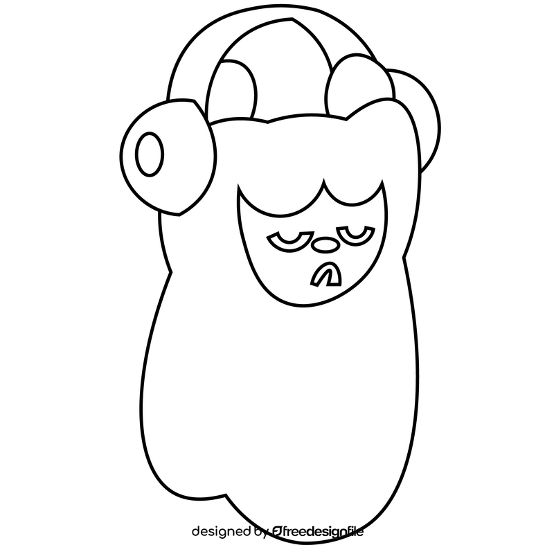 Cartoon llama with headphones black and white clipart