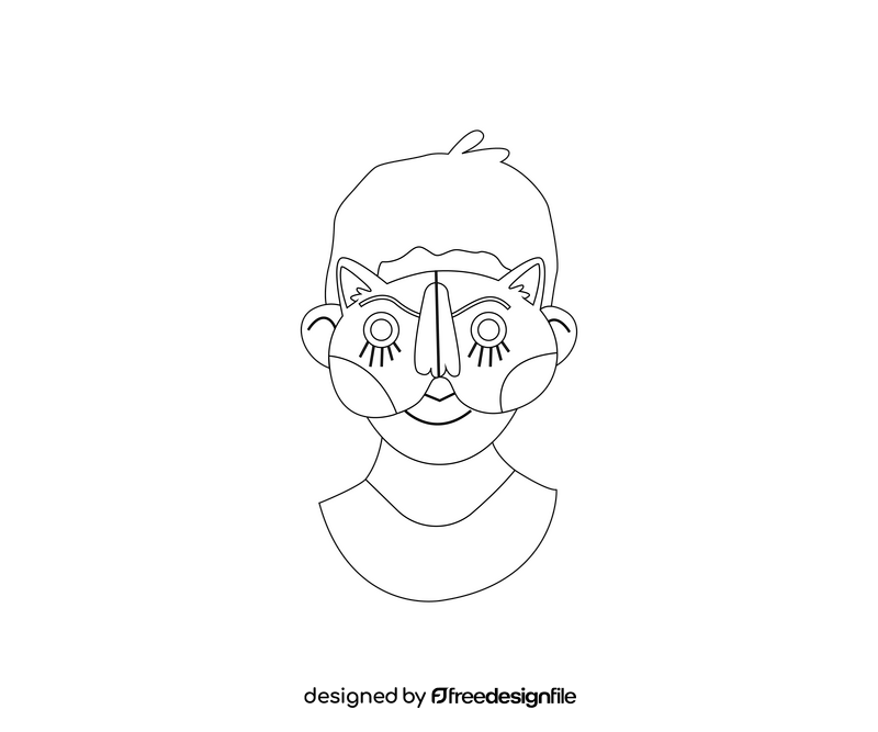 Boy in cat mask black and white clipart