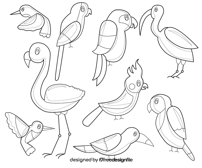 Tropical birds, exotic birds black and white vector