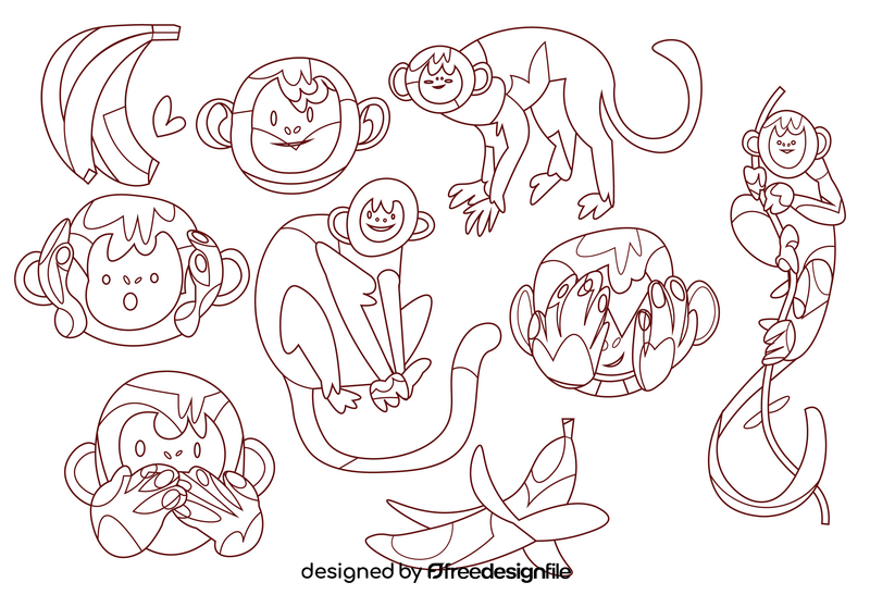 Monkey cartoon set black and white vector