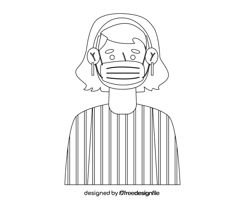 Cartoon girl with mask black and white clipart