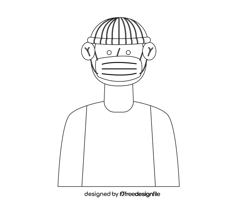 Black cartoon man in mask black and white clipart