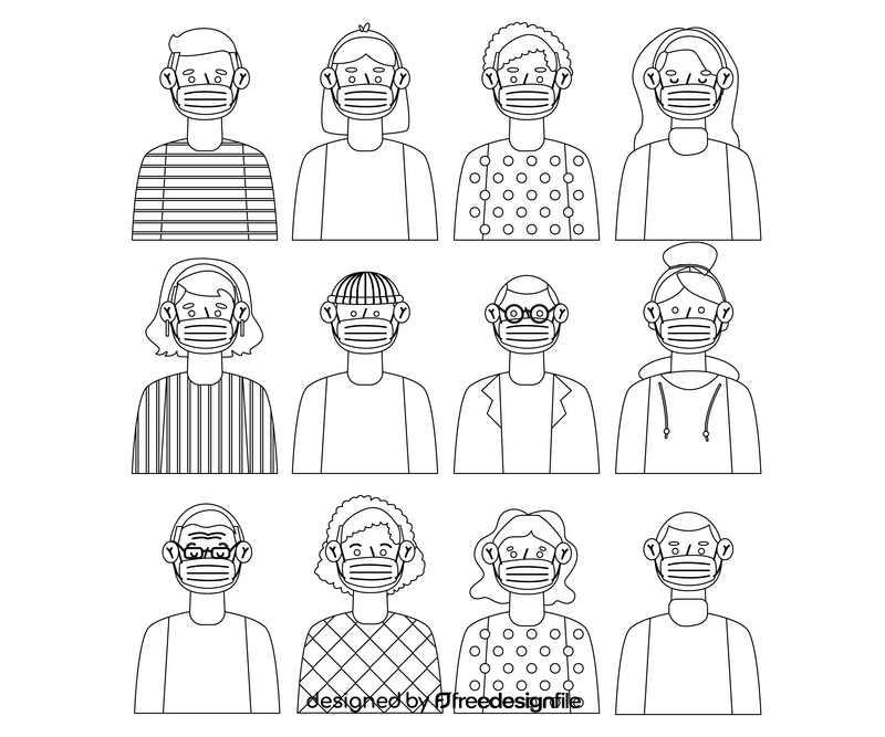 Men, girls wearing mask black and white vector