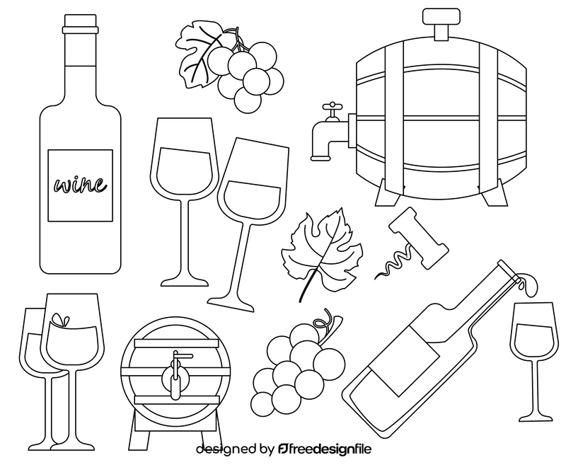 Glass of wine, bottle of wine black and white vector
